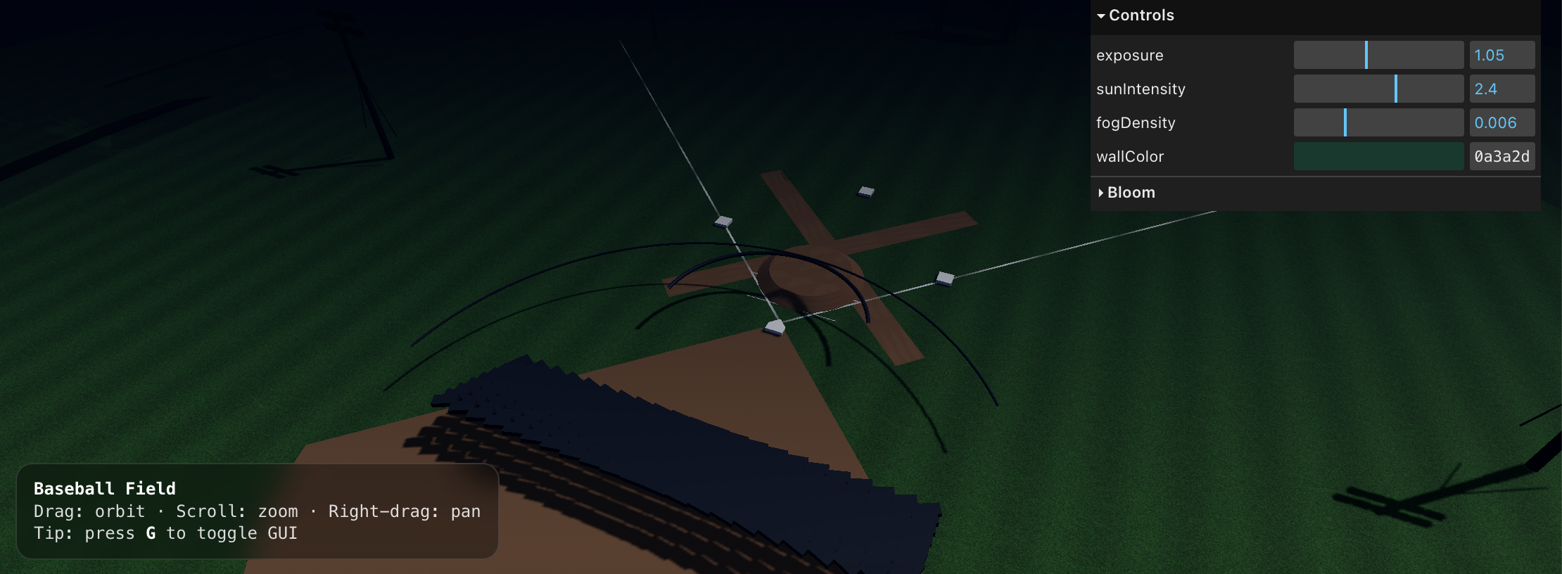 Three.js baseball field test with incorrect object placement